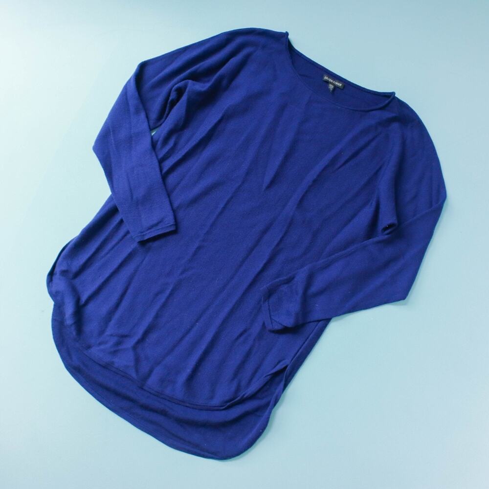 Eileen Fisher Royal Blue Long Sleeve Boat Neck Sweater Size M Scoop Hem Longline
